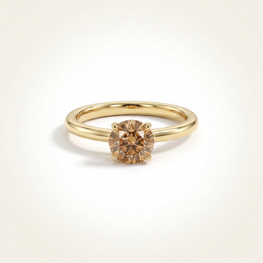 Cognac_Round_Solitaire_Yellow_Gold_Ring::Round|Yellow Gold
