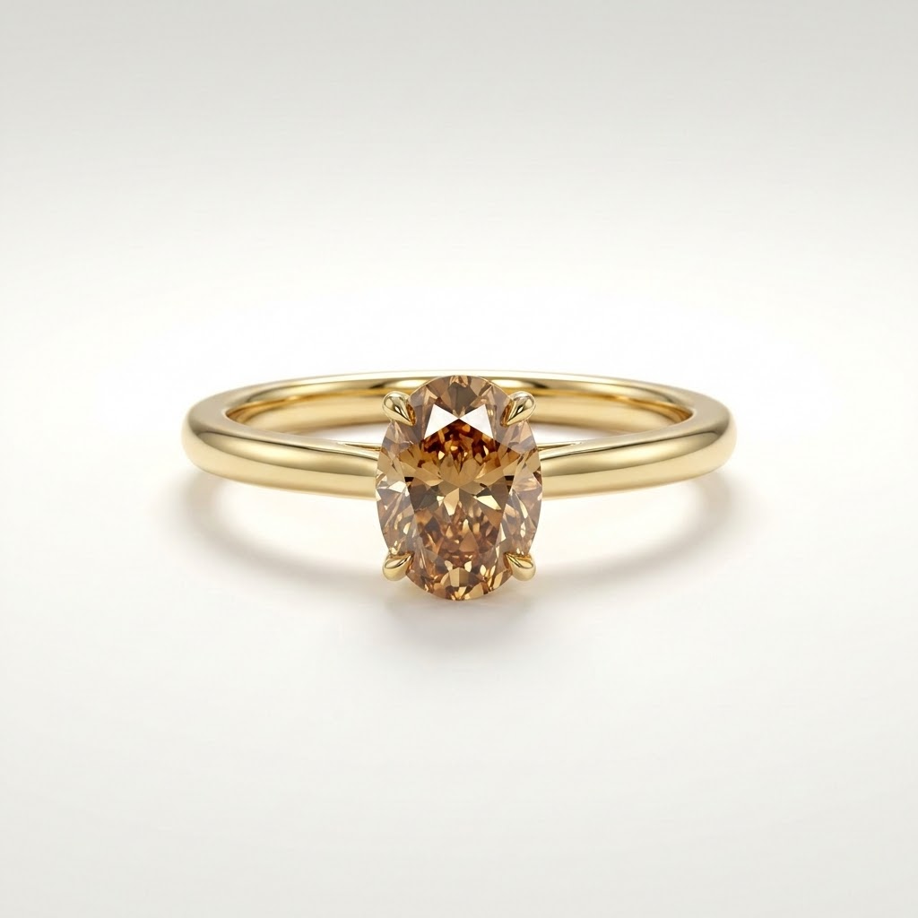 Gold ring with a brown diamond on a light gray background::Oval|Yellow Gold