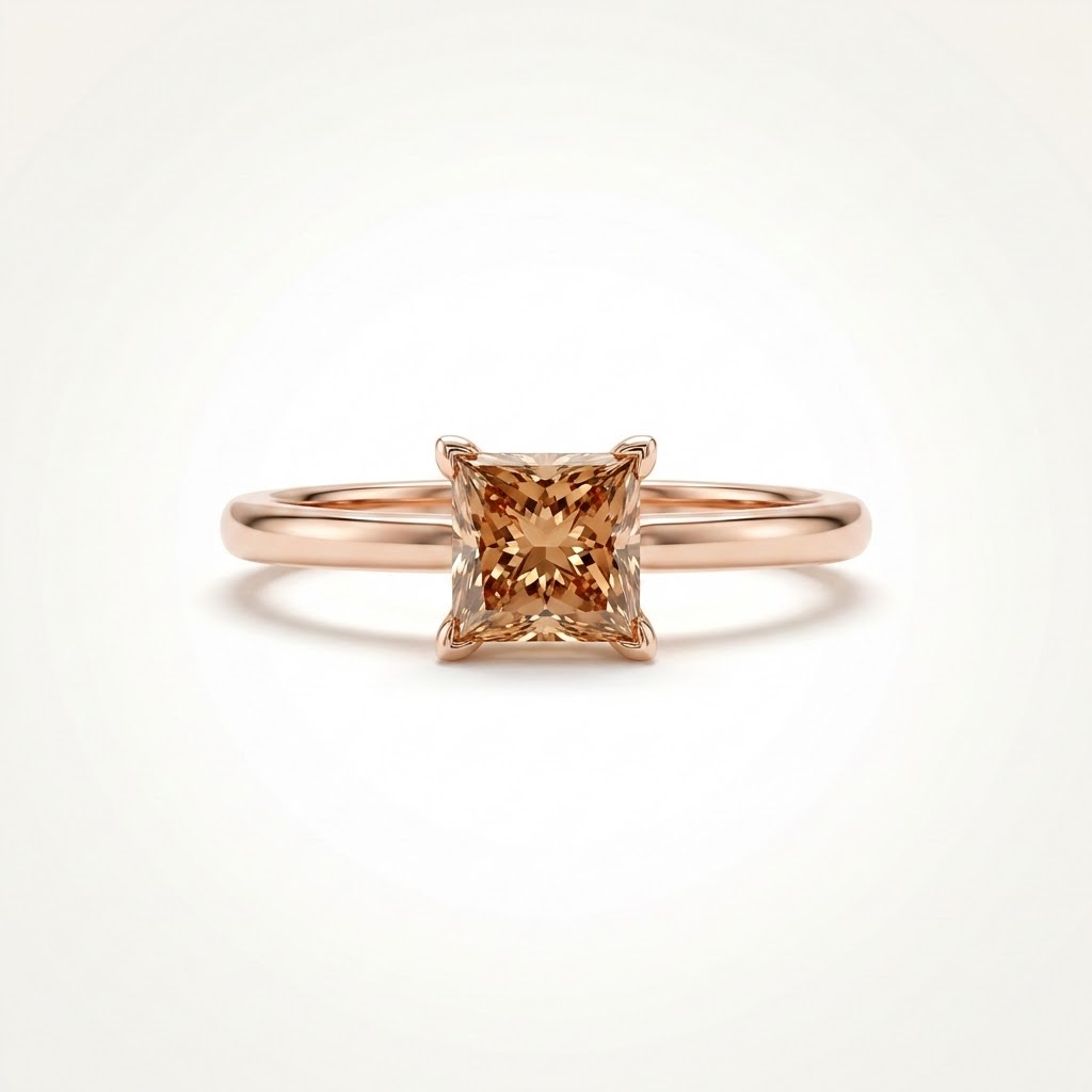 Rose gold ring with a square-cut brown gemstone on a light beige background::Princess|Rose Gold