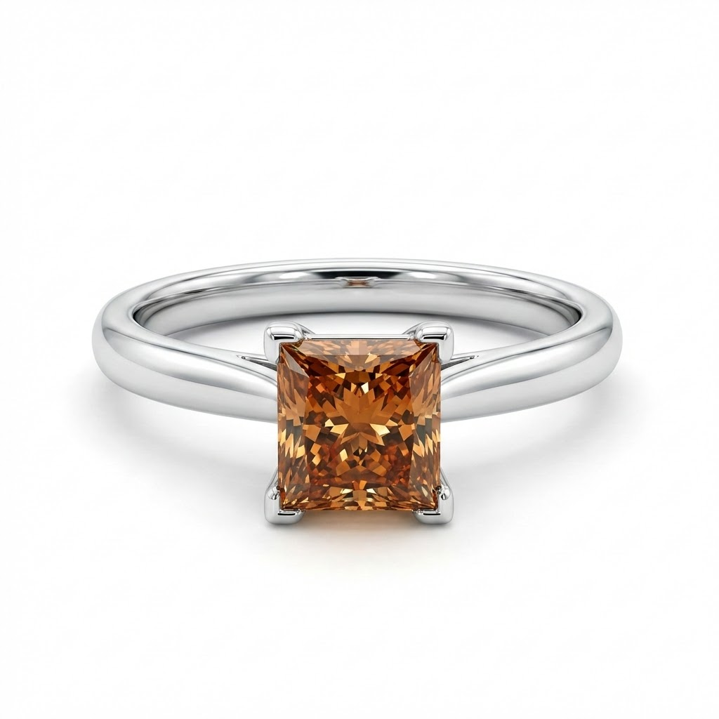 Silver ring with a brown gemstone on a white background::Princess|White Gold