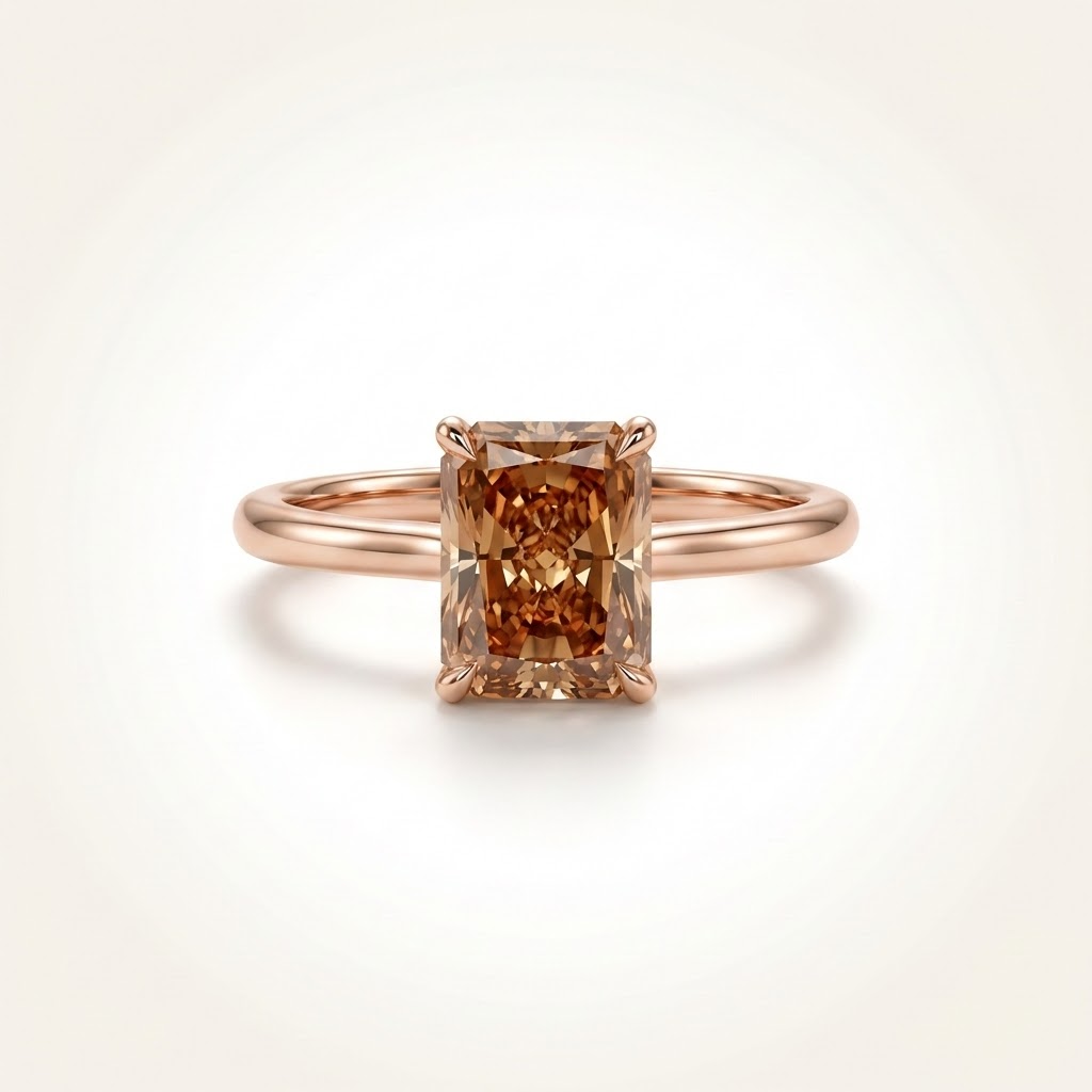 Rose gold ring with a brown diamond on a light beige background::Radiant|Rose Gold