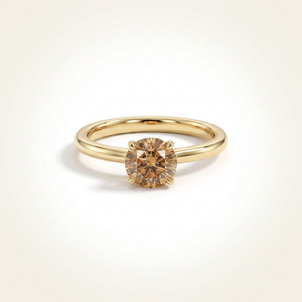 Cognac_Round_Solitaire_Yellow_Gold_Ring::Round|Yellow Gold